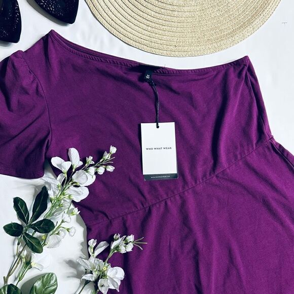 NWT Who What Wear plum purple cotton blend one shoulder midi dress - Picture 3 of 9